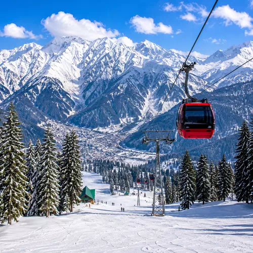 Gulmarg Gondola with snow-covered Himalayan mountains for Kashmir tour packages