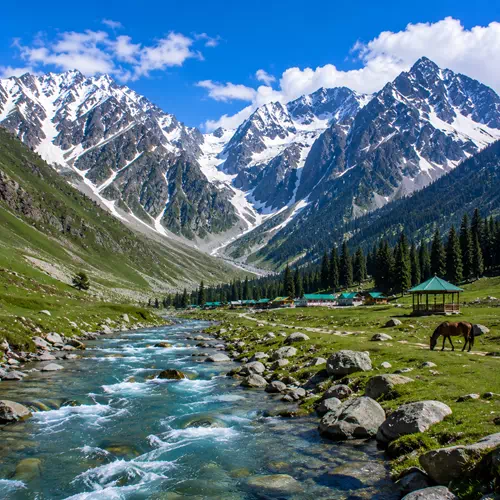 Sonmarg valley with river and snow-capped Himalayan mountains for Kashmir tour packages