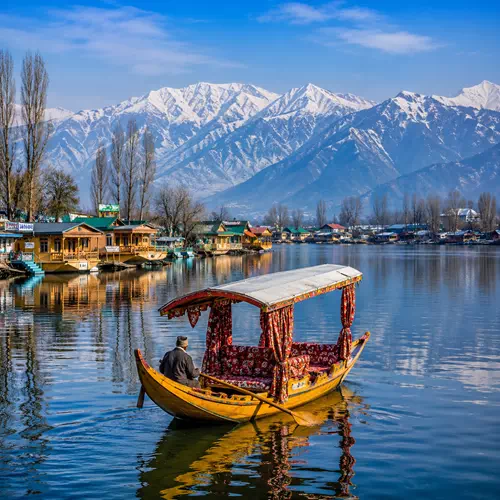 Srinagar Dal Lake Shikara with Himalayan mountains for Kashmir tour packages