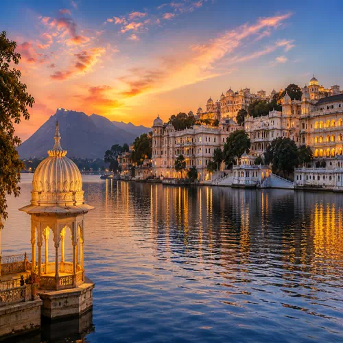Udaipur City Palace overlooking a scenic lake at sunset for Rajasthan tour packages